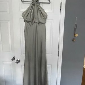ASOS DESIGN Bridesmaid satin ruched halter neck maxi dress in sage green